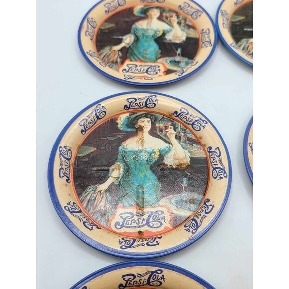 Vintage Victorian Lady Pepsi Cola Tin Coasters Set Of 9 Round 3 1/2 inch - Picture 6 of 13